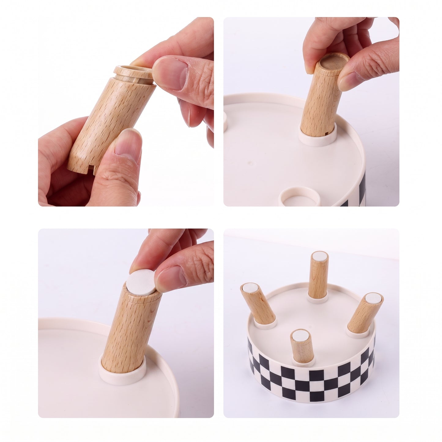 Step-by-step assembly of a white and black checkered ice cream stand with wooden sticks.