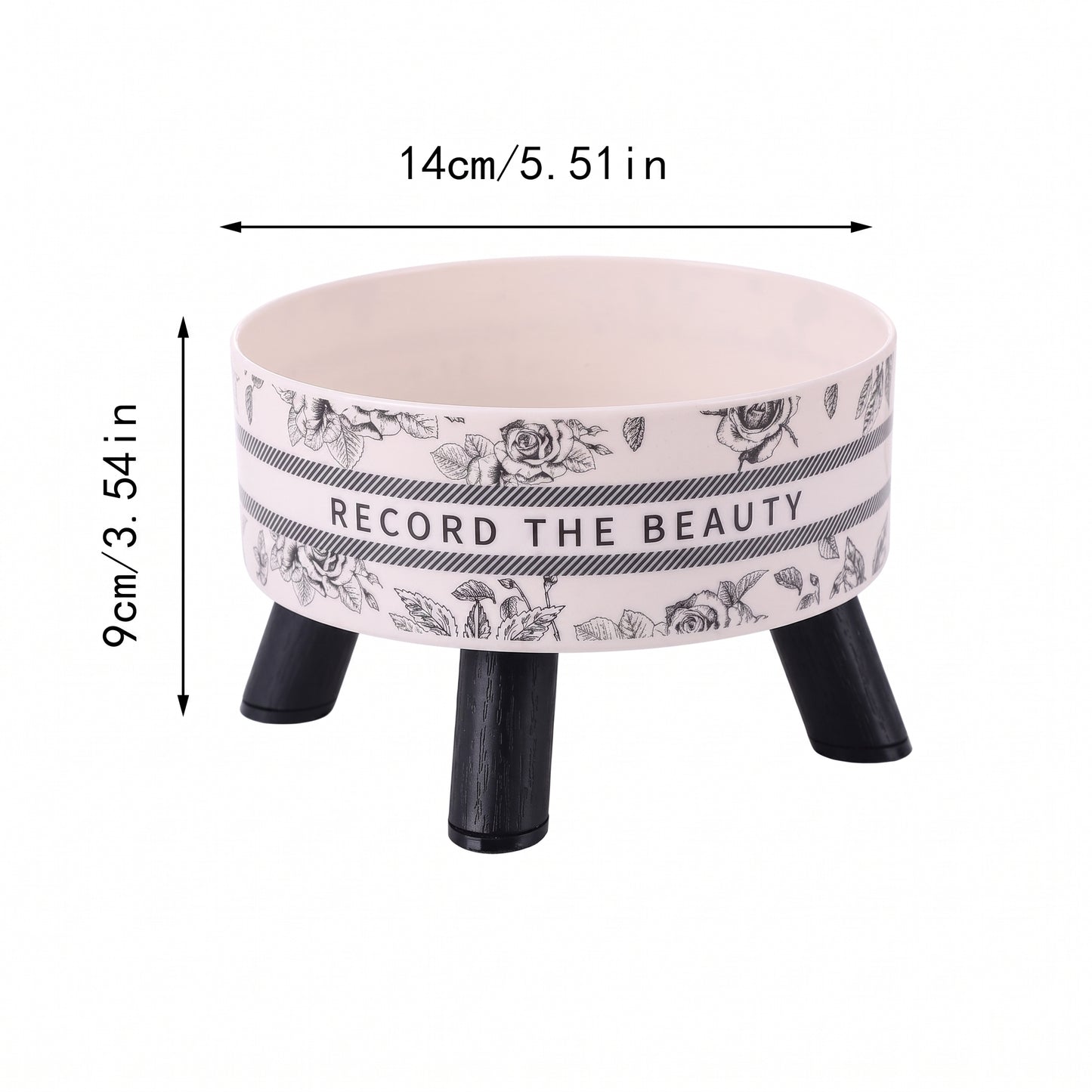 Small round stool with floral design and text 'Record the Beauty' on a white background