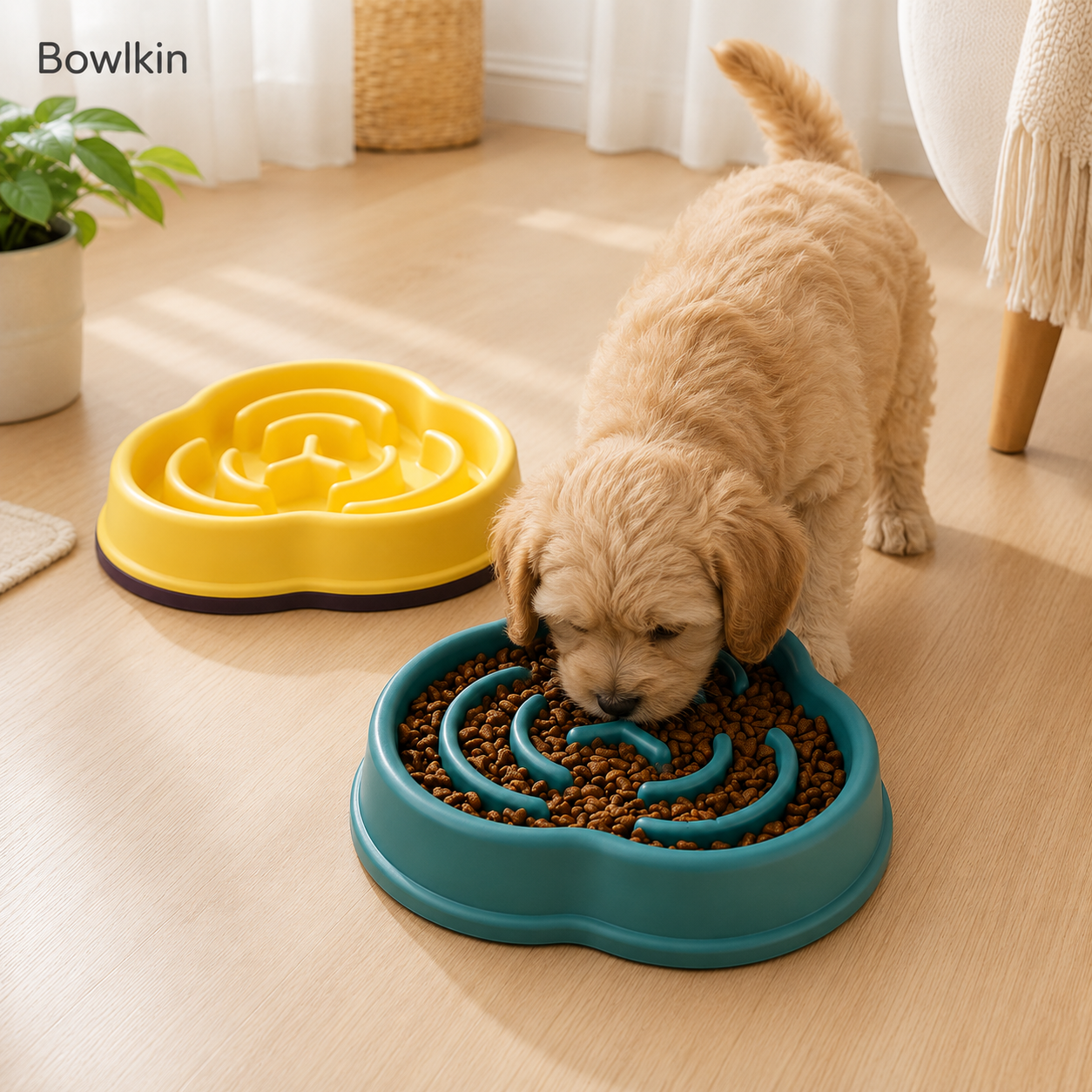 A small golden puppy is eating from a teal pet slow feeder bowl filled with kibble on a light wood floor. A second yellow slow feeder bowl sits empty in the background.