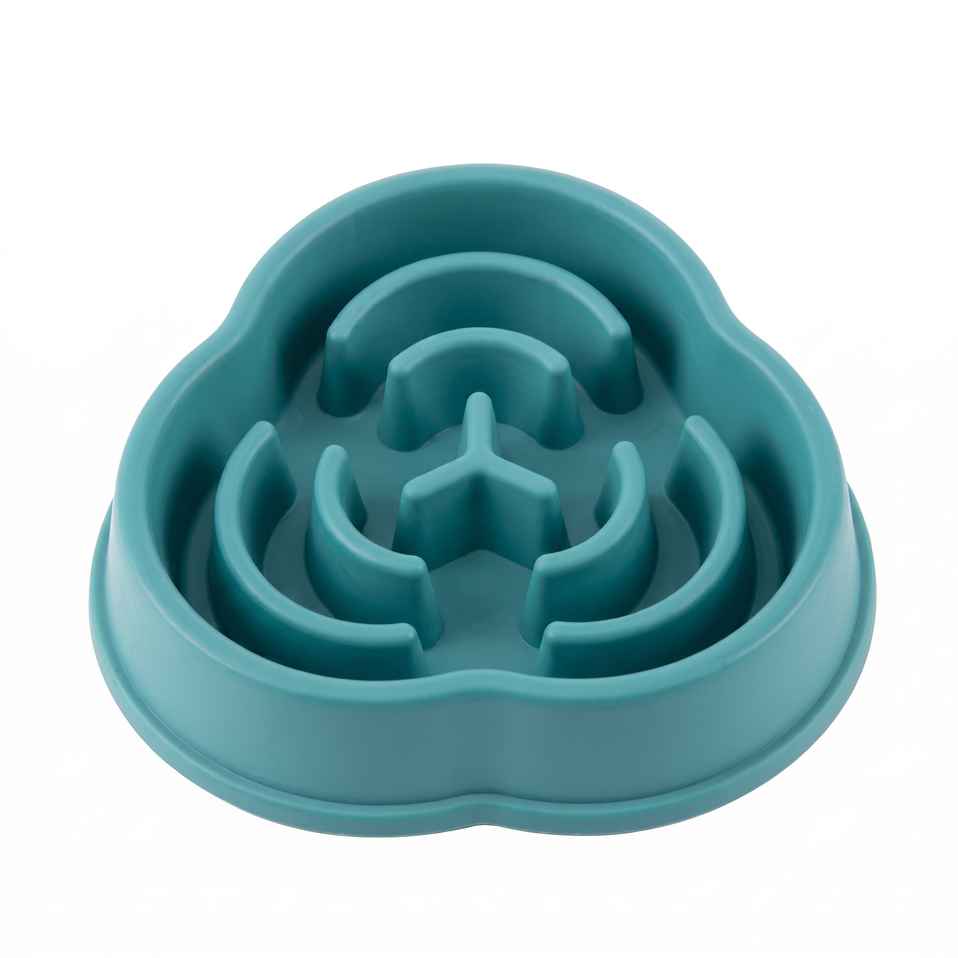 A teal blue pet slow feeder with a cloud-like shape and maze-style internal channels, shown on a plain white background.