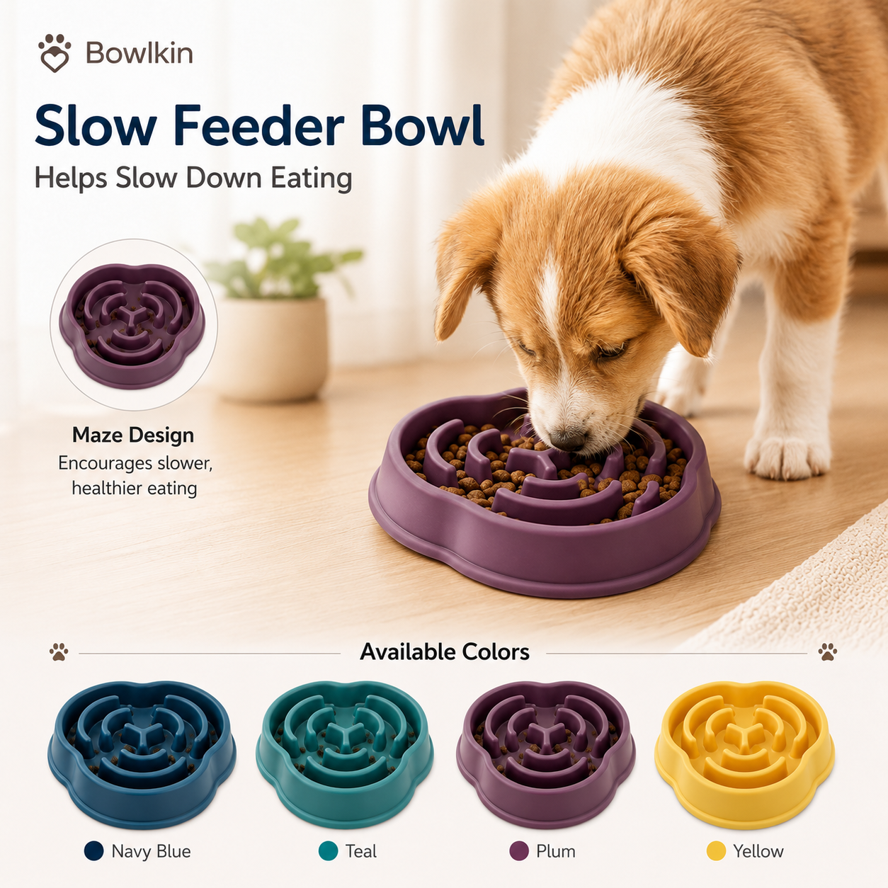 A brown and white puppy eating from a purple maze-style slow feeder bowl on a light wood floor. The image includes marketing text for Bowlkin, a circular inset showing the bowl design, and four available color options along the bottom: navy blue, teal, plum, and yellow.