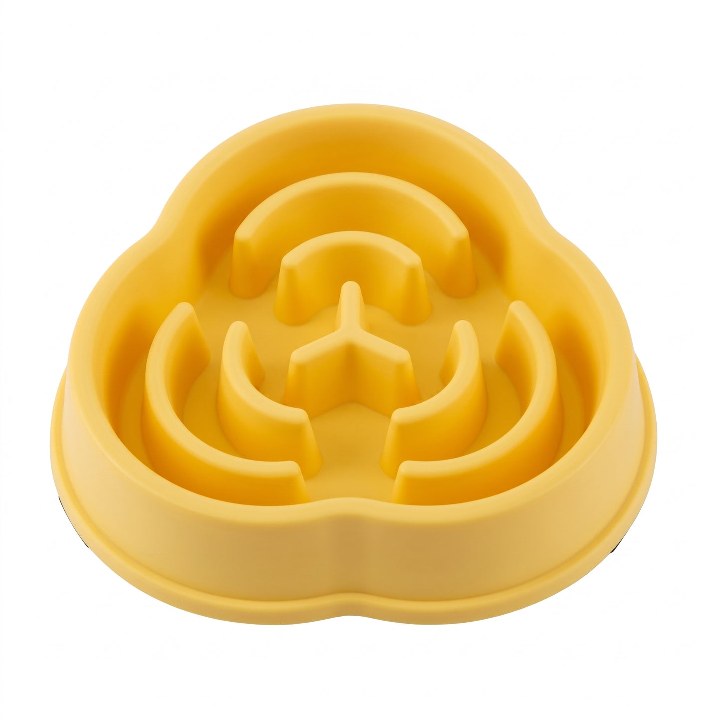 A yellow pet slow feeder bowl with a maze-like interior design, shown on a plain white background.