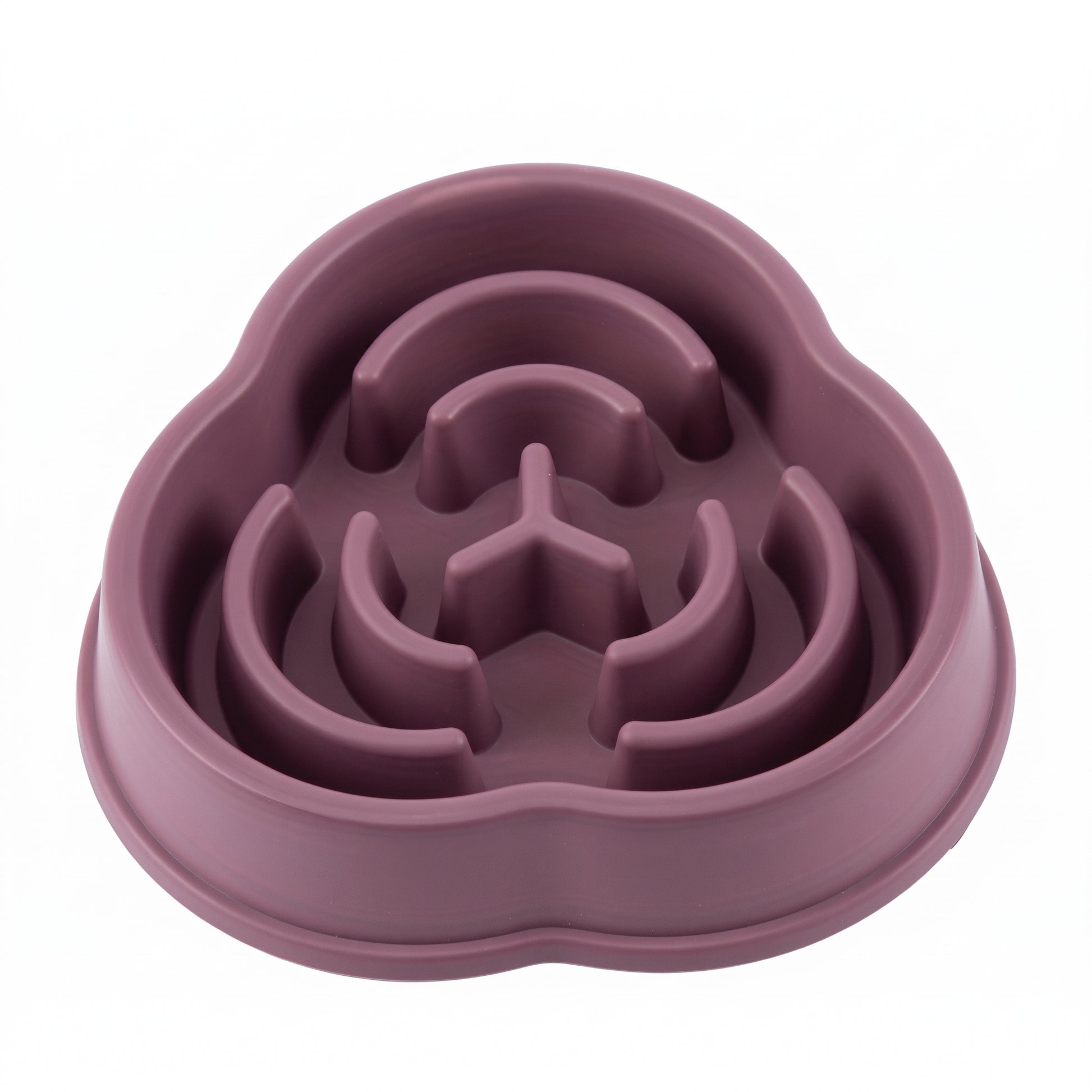 A purple silicone pet slow feeder bowl with a multi-level maze design, shown on a solid white background.