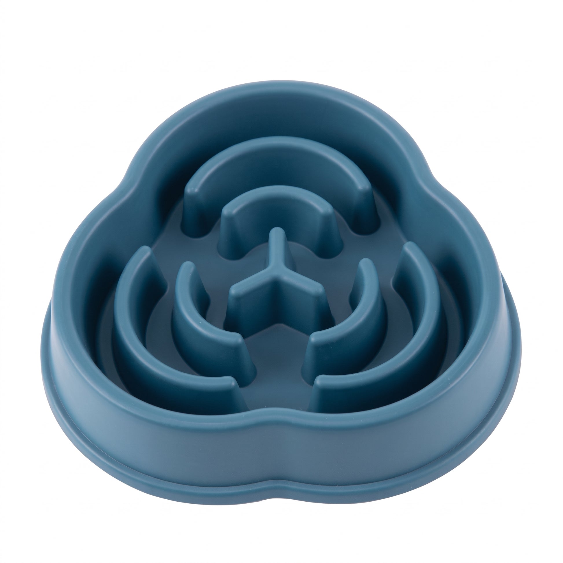 A blue silicone slow feeder bowl with a multi-level maze design, shown on a solid white background.