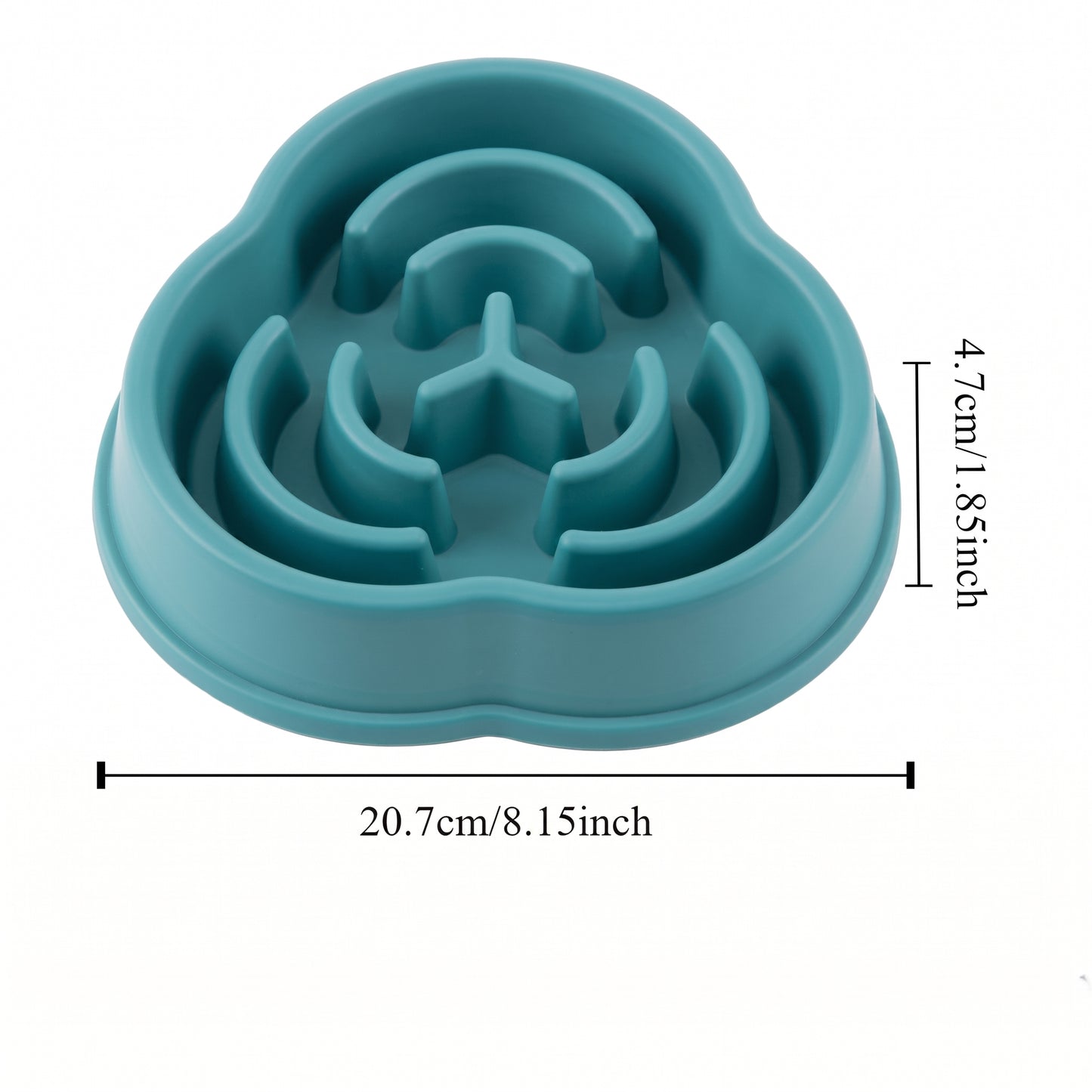 Teal silicone slow feeder with dimensions on a white background