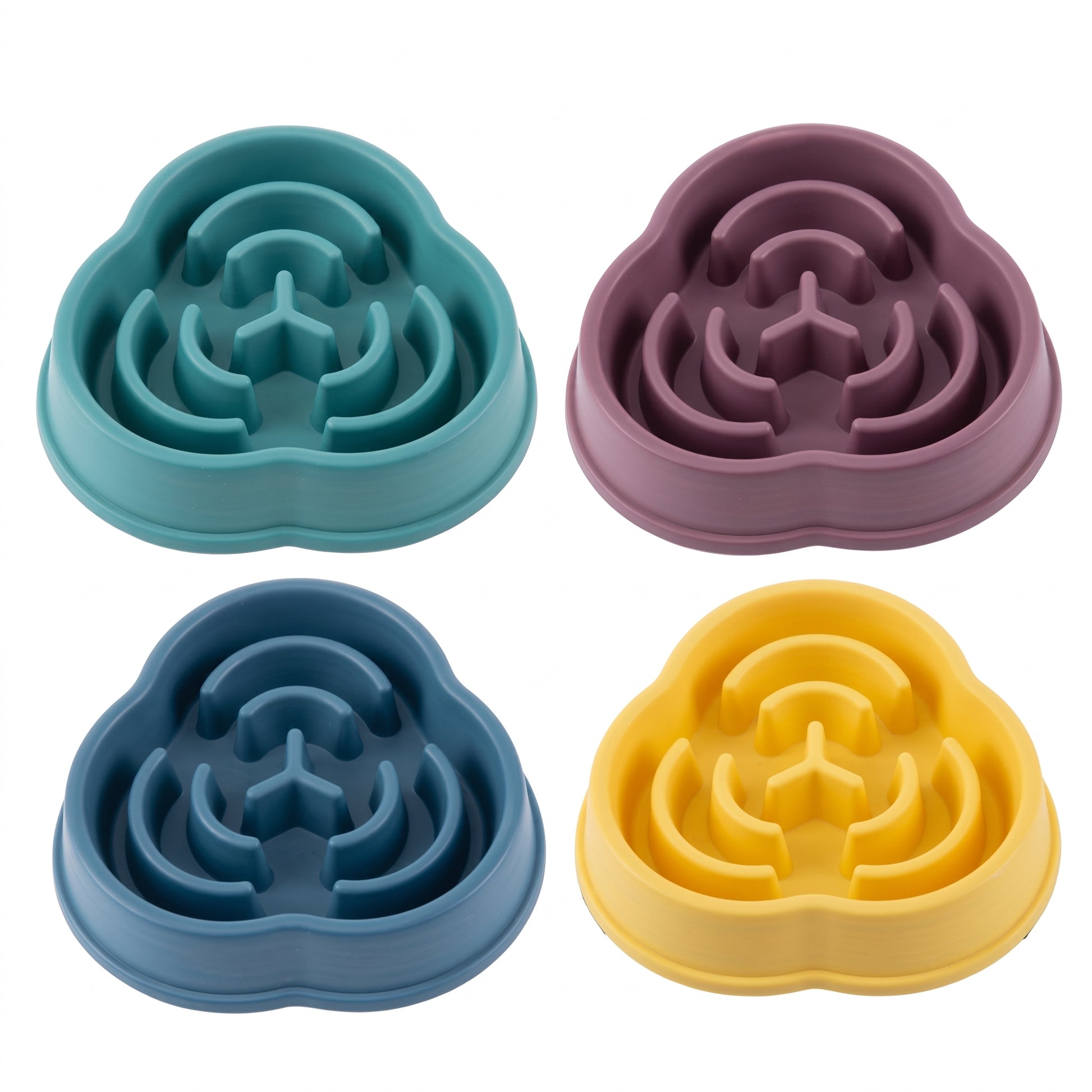 Four cloud-shaped silicone dog puzzle mats in teal, mauve, navy, and yellow, arranged in a 2x2 grid on a white background.