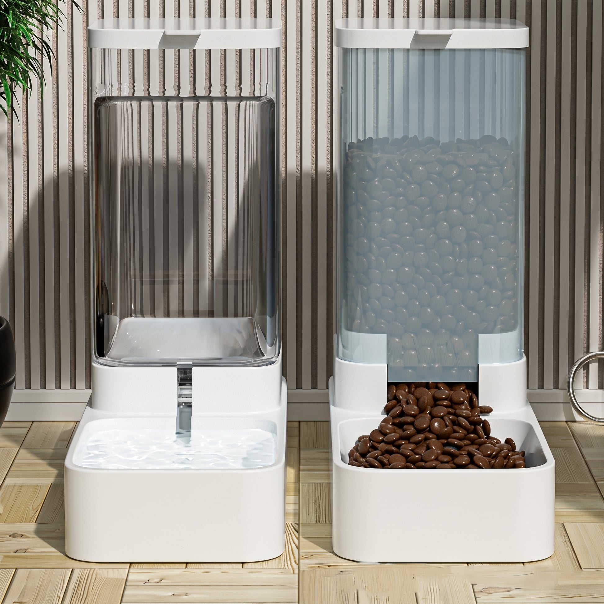 Pet water fountain and food bowl set on a wooden floor with striped wall background