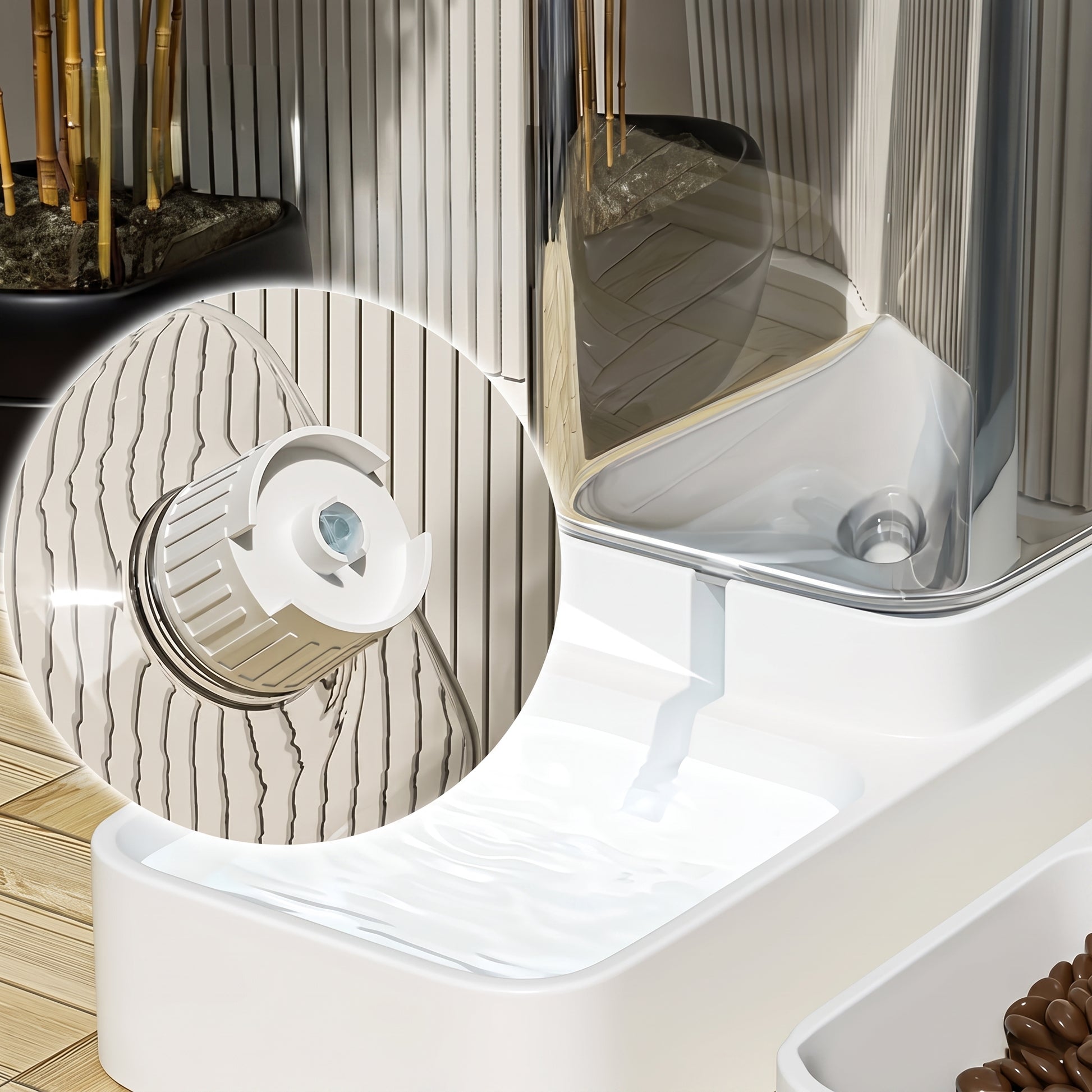 A close-up of a white automatic pet waterer with a transparent upper reservoir and a circular inset showing the internal pump mechanism, set against a modern interior background.