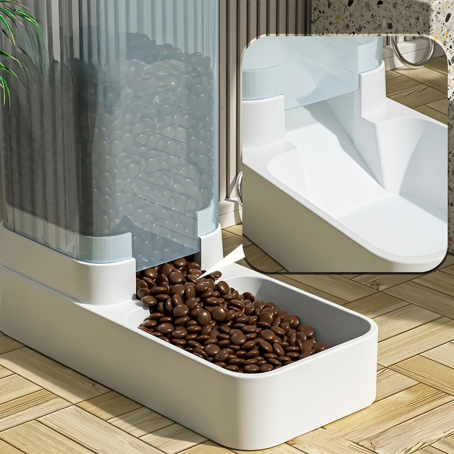 White container with coffee beans on a wooden floor
