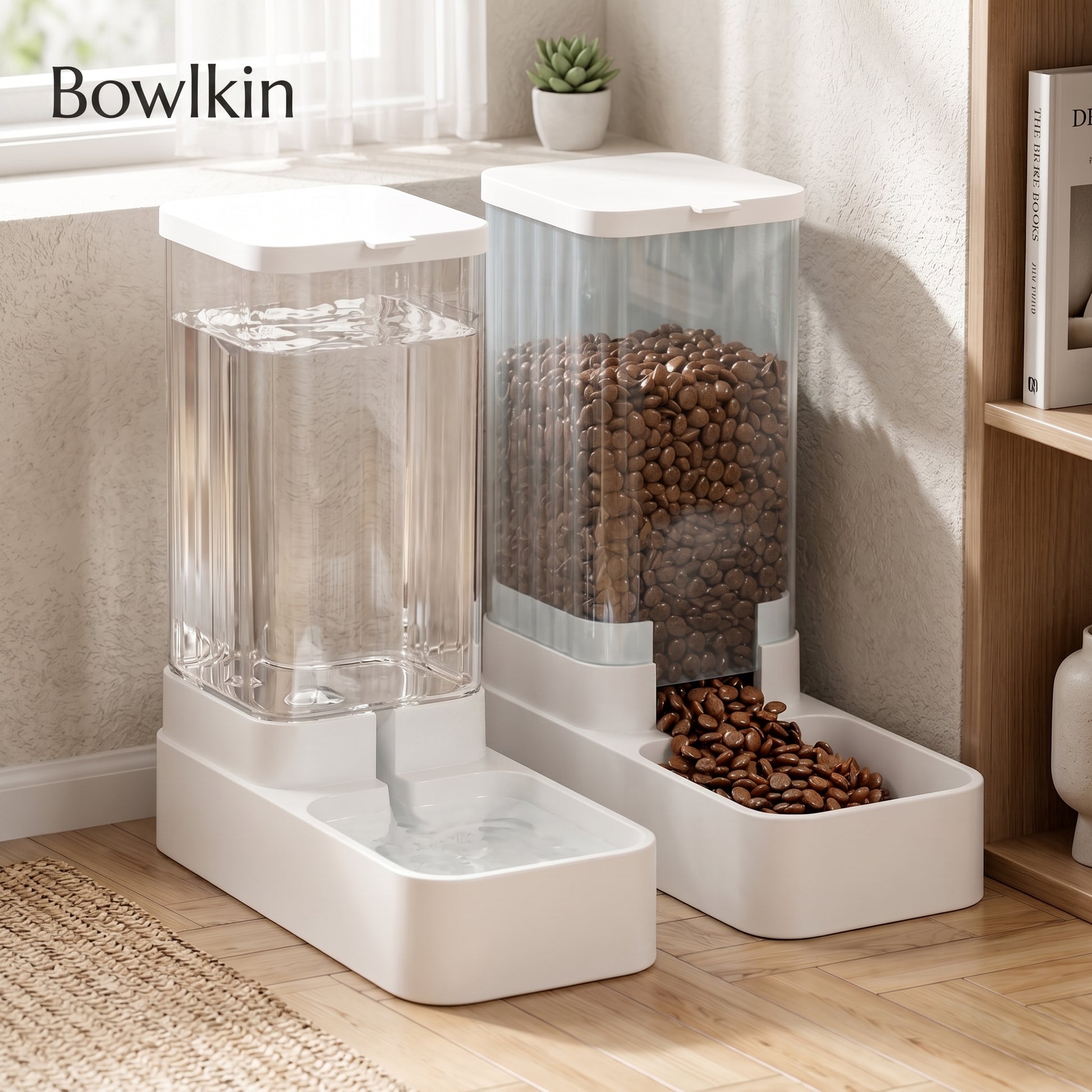 Two Bowkin automatic pet feeders in a bright room. One feeder holds clear water and the other holds brown pet food in a clear container with a small food tray below.