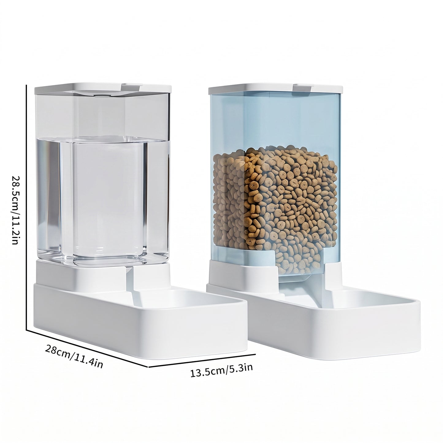 Two white automatic pet water and food dispensers shown on a white background with dimension labels. One container is filled with clear water, and the other with tan pet food grains.